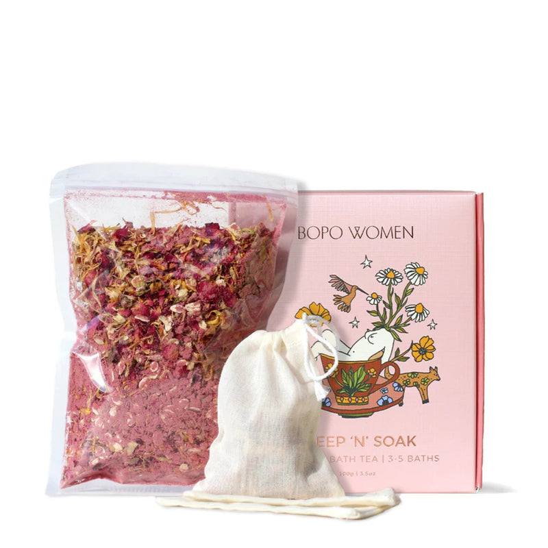 Showcasing the contents within the pack including the blend of soothing dried flowers, hydrating rolled oats, creamy coconut milk powder, and skin-loving beetroot and hibiscus powders nourishes your skin while you unwind.