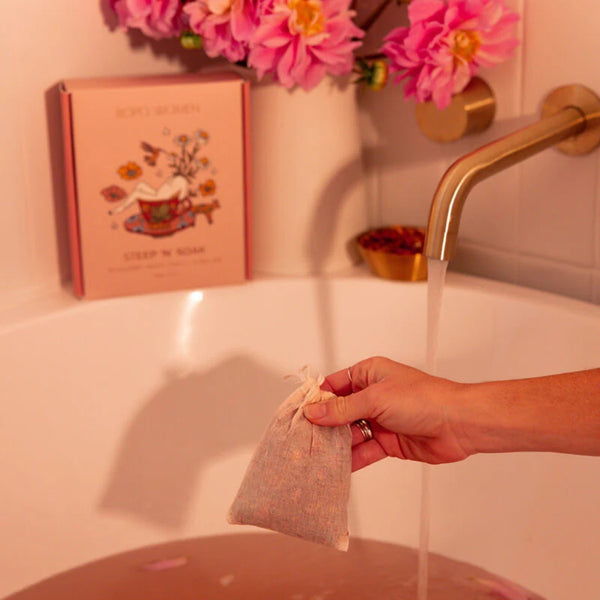 The bath tea is packaged in a cotton bag so you can steep and soak.