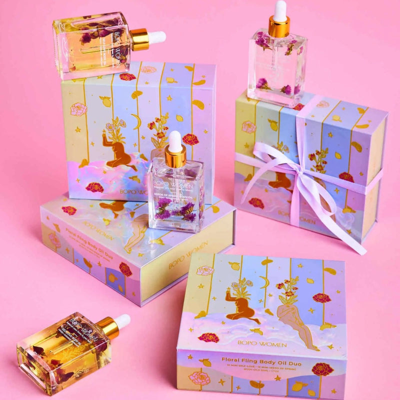 This duo body oil set is packaged in a beautiful box