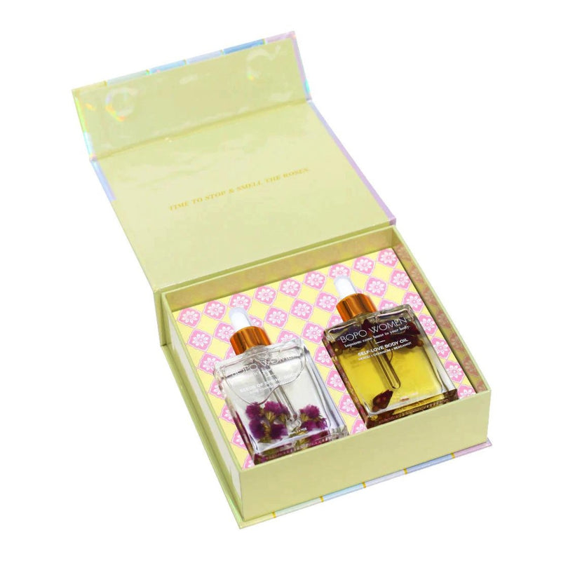 This gift set includes a mini sized Self Love Body Oil and a Seeds of Spring body oil