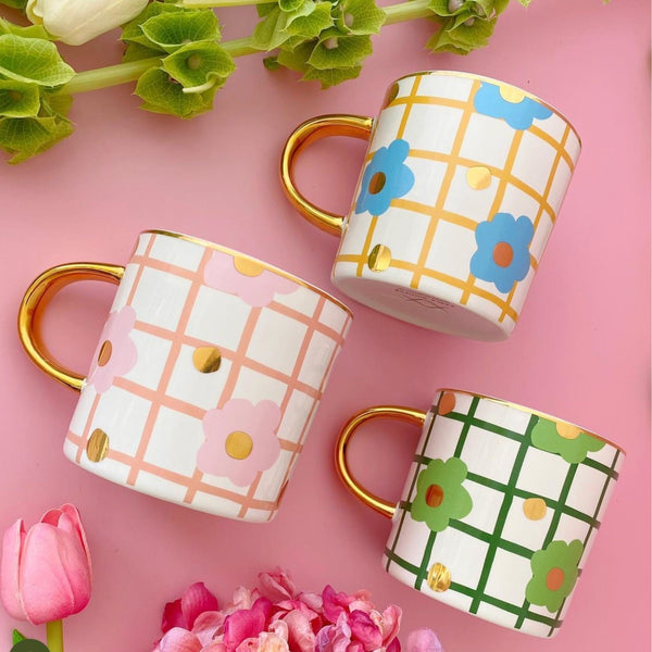 Carla Dinnage Tartan & Bloom Ceramic Mug in pink and white