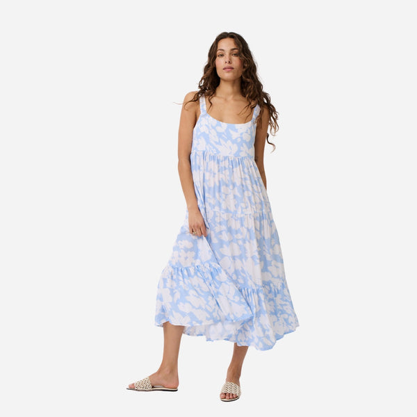 This strappy sundress has a loose flowing midi length skirt. 