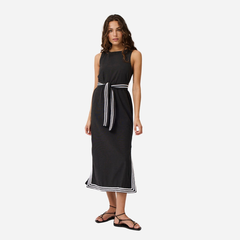 Miley Midi Dress in black with contrast white stripes down the side, along the hem, side splits and self fabric belt.