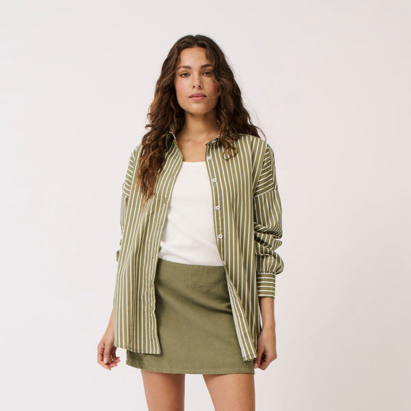 Our Tammy Stripe Shirt by Cartel & Willow has khaki (palm) and white stripes.