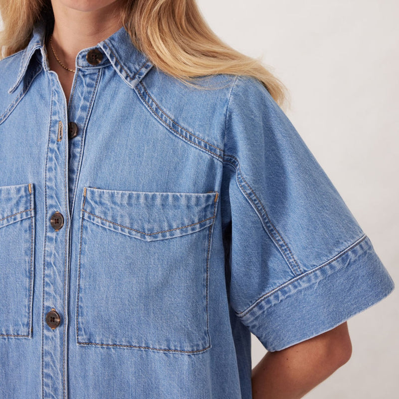 Close up of the chest pocket and button front.