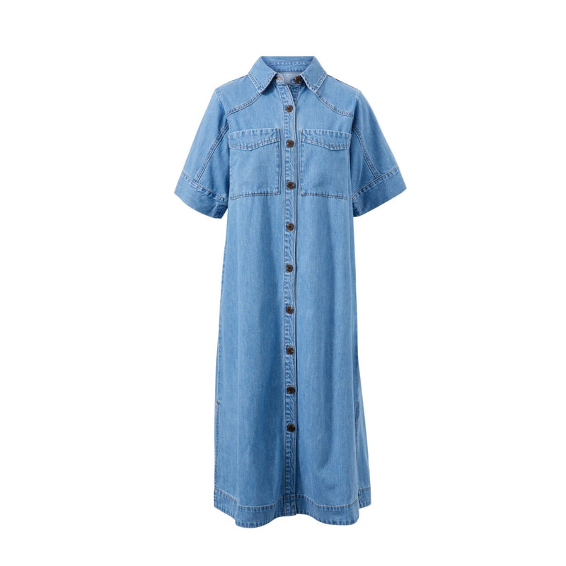 Our Bea Denim Dress is available in a light blue wash.