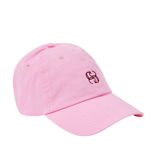 The cap has a burgundy coloured monogram logo on the front.