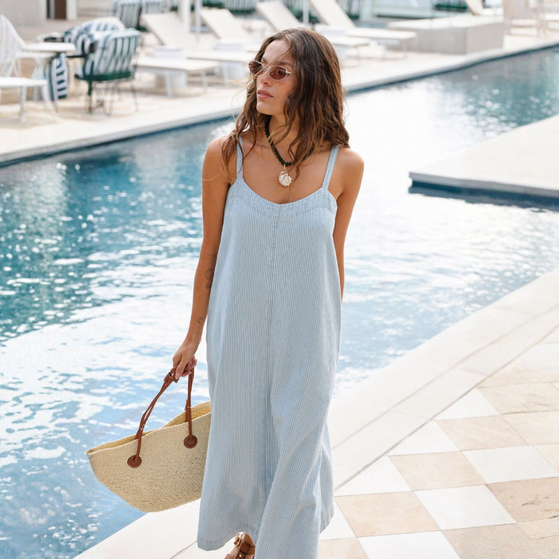 Remy Strappy Midi Dress (Indigo White Stripe)