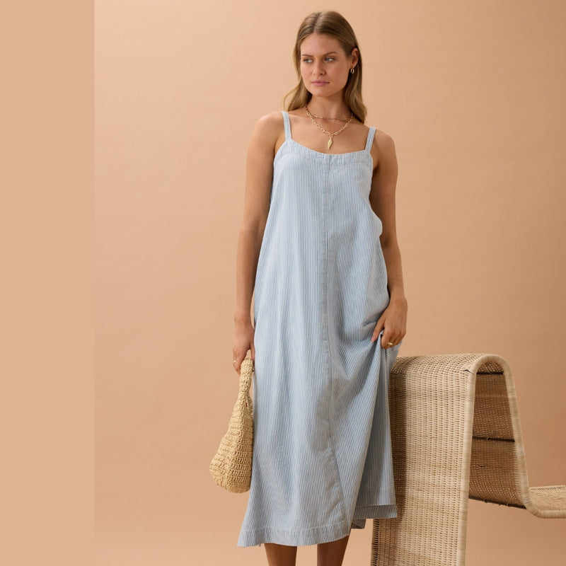 Remy Strappy Midi Dress (Indigo White Stripe)