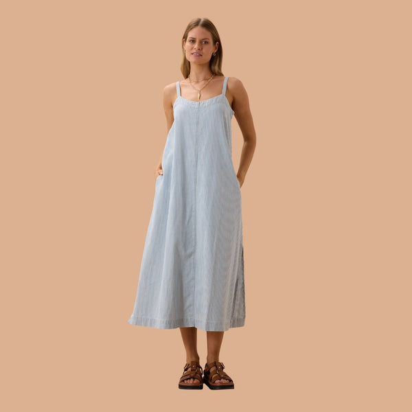 Remy Strappy Midi Dress (Indigo White Stripe)