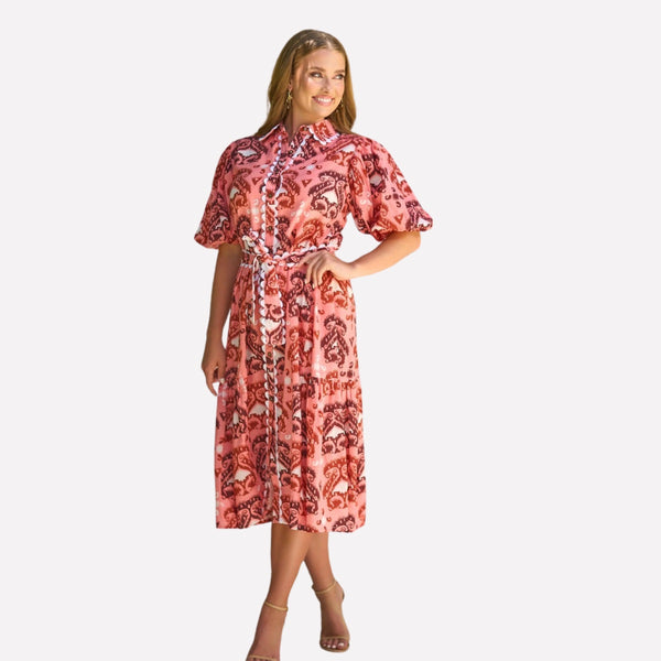 Grace Shirt Dress in a gorgeous tribal print - pink base with chocolate brown and white