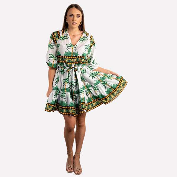 Madeira Palm Dress has a fab palm print in white, green, black and orange