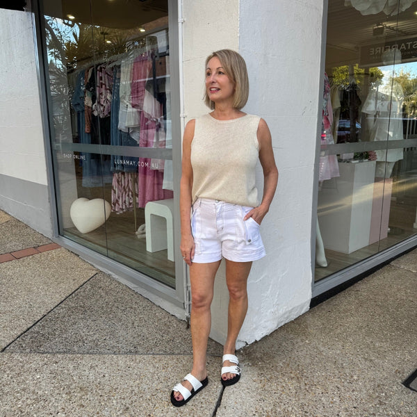These white denim shorts can be paired with our Spring Knit Tank and Munroe Slides.