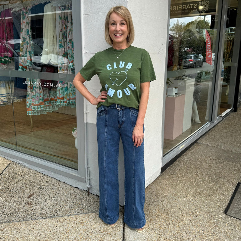 These wide leg jeans are longer length and can be paired with a tee