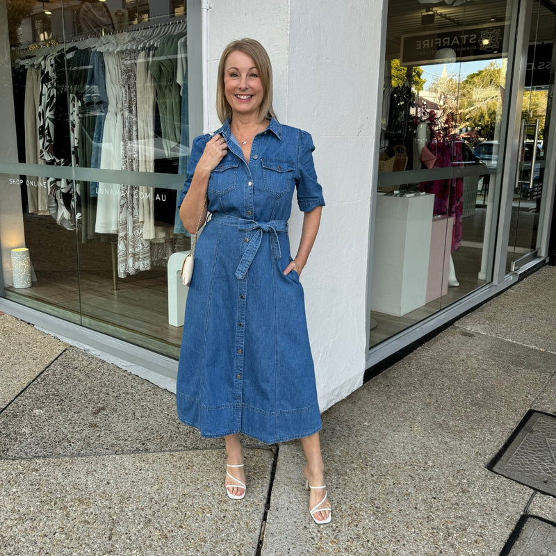 Olyvia Denim Midi Dress in a mid blue wash