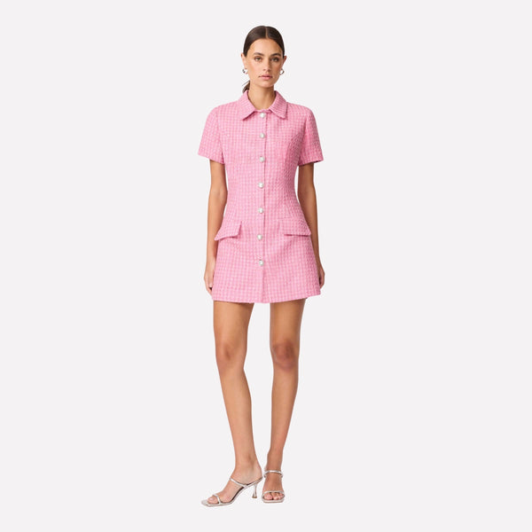 Our Alia Mini Dress is made from a beautiful pink tweed fabric with white flecks and a metallic silver thread.