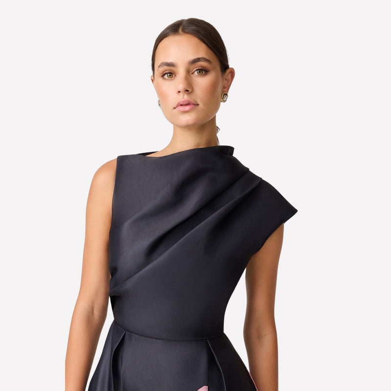 Close up of the asymmetrical neckline.