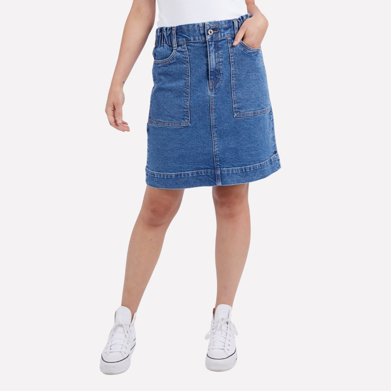 Elm Atlas Denim Skirt in a dark wash colour