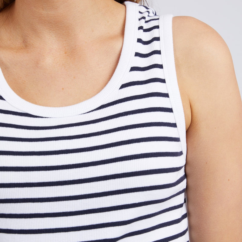 Close up of the navy and white ribbed fabric