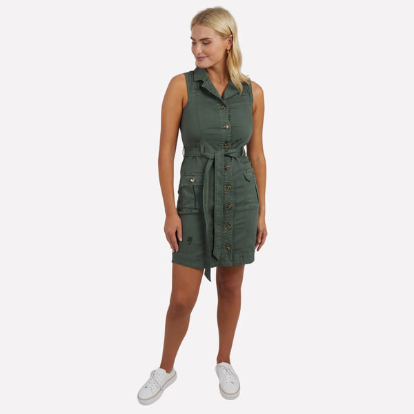 Our Marigold Denim Dress by Elm is made from a khaki fabric with a button front, collar, hip pockets and it finishes above the knee