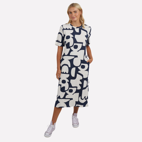 Our Miro Tee Dress by Elm has a bold navy and cream abstract print