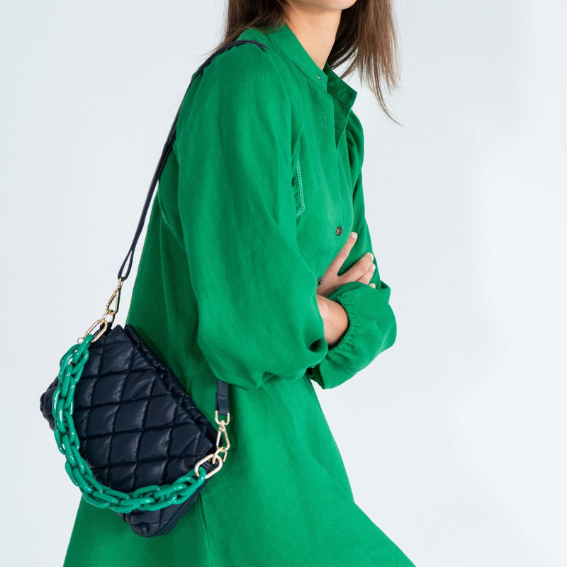 Elms & King Milano Quilted Crossbody Bag using the longer shoulder strap and the green chain strap