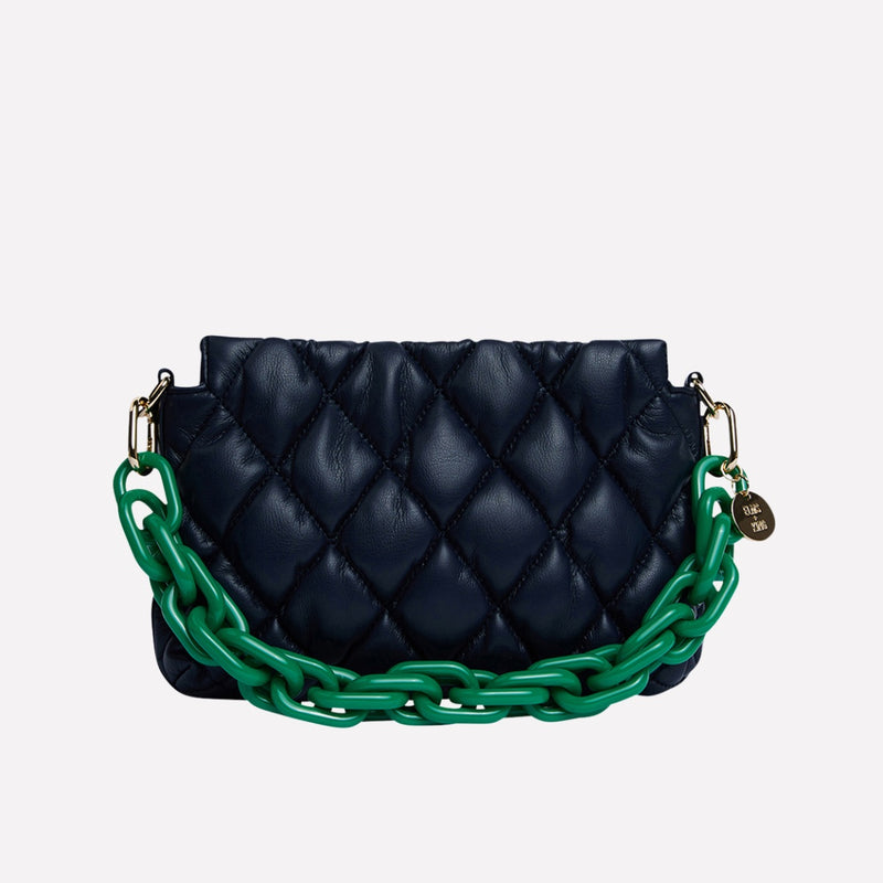 Close up image of the navy Milano Crossbody Bag with a quilted front and back