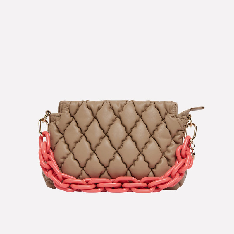 Elms & King Milano Quilted Crossbody Bag in taupe with a chunky pink chain strap