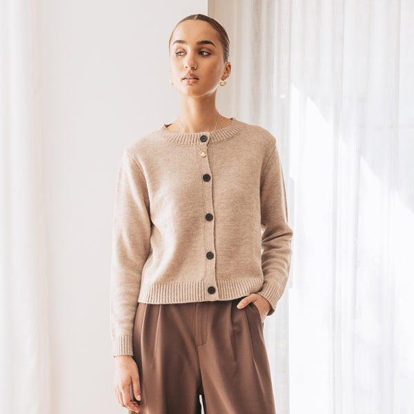 Our Farrah Knit Cardigan is available in a mocha colour.