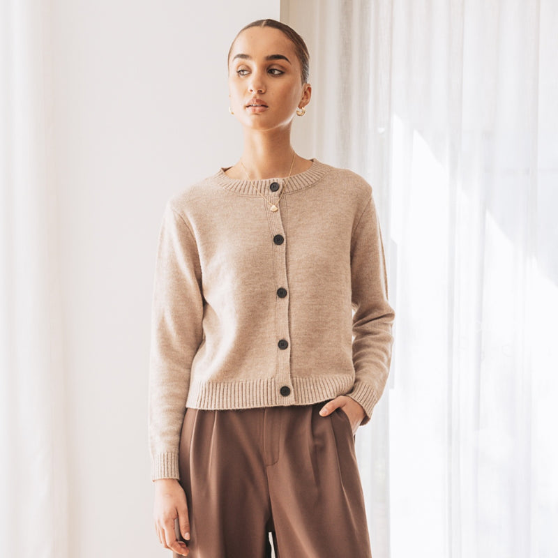 Our Farrah Knit Cardigan is available in a mocha colour.