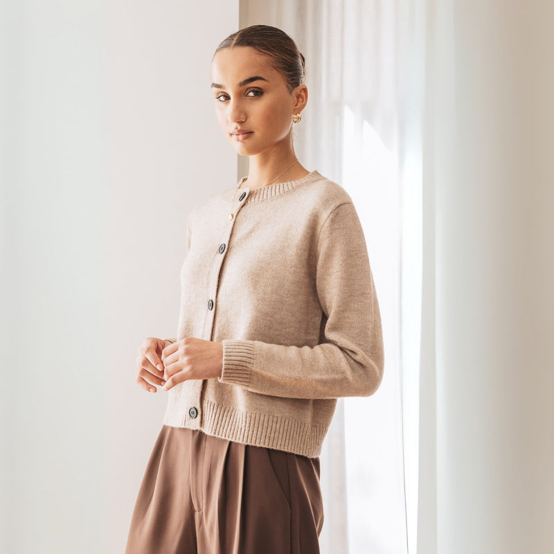 Side view of the mocha coloured cardigan