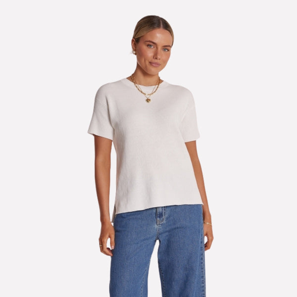 Our Jasper Knitted Tee is available in classic white.