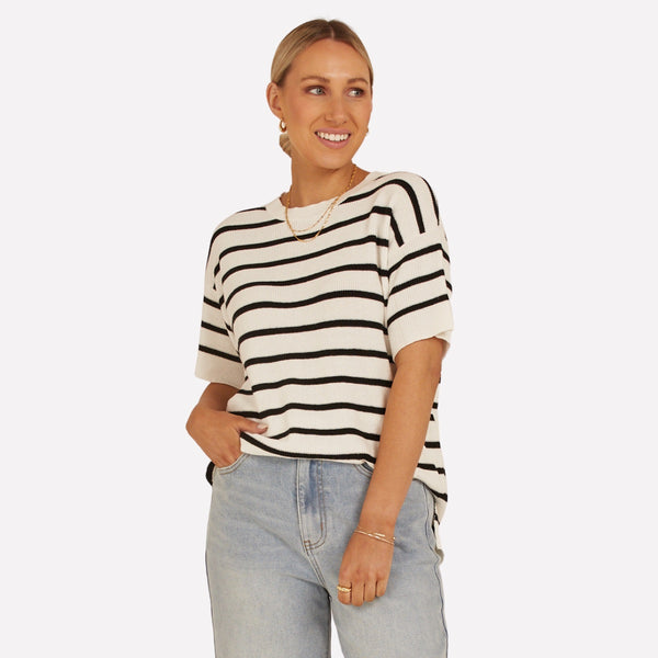 This slouchy top has drop shoulders and short sleeves