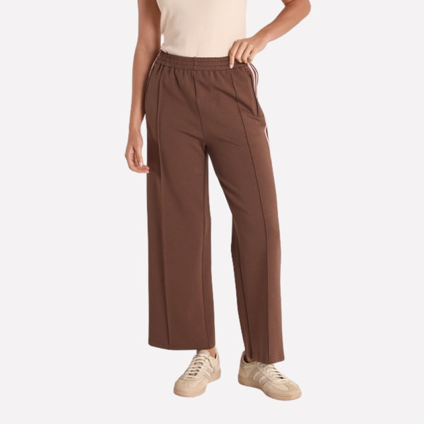 Noah Cropped Wide Leg Pants in brown with pink side stripes.