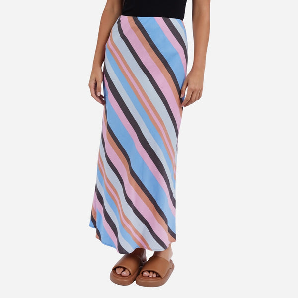 Our Gazelle Stripe Skirt is maxi length and has stripes in blue, pink, clay and washed black.