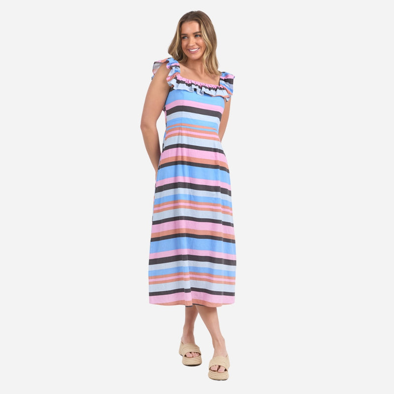 Gazelle Midi Dress with lovely stripes in blue, pink, clay and washed black.