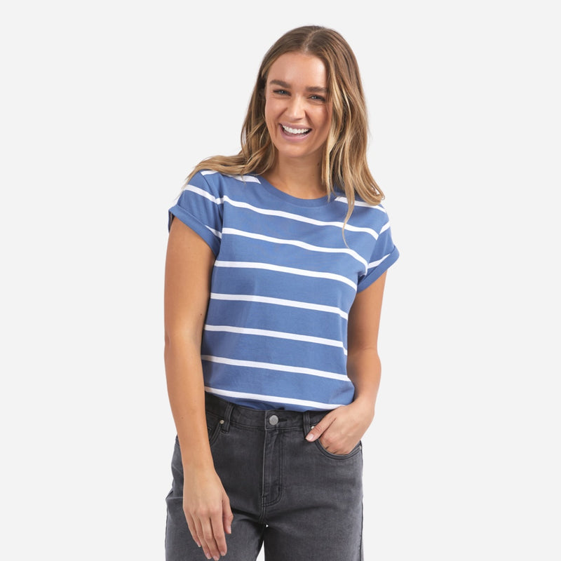 The Foxwood Manly Stripe Tee is available in a dark blue and white stripe.