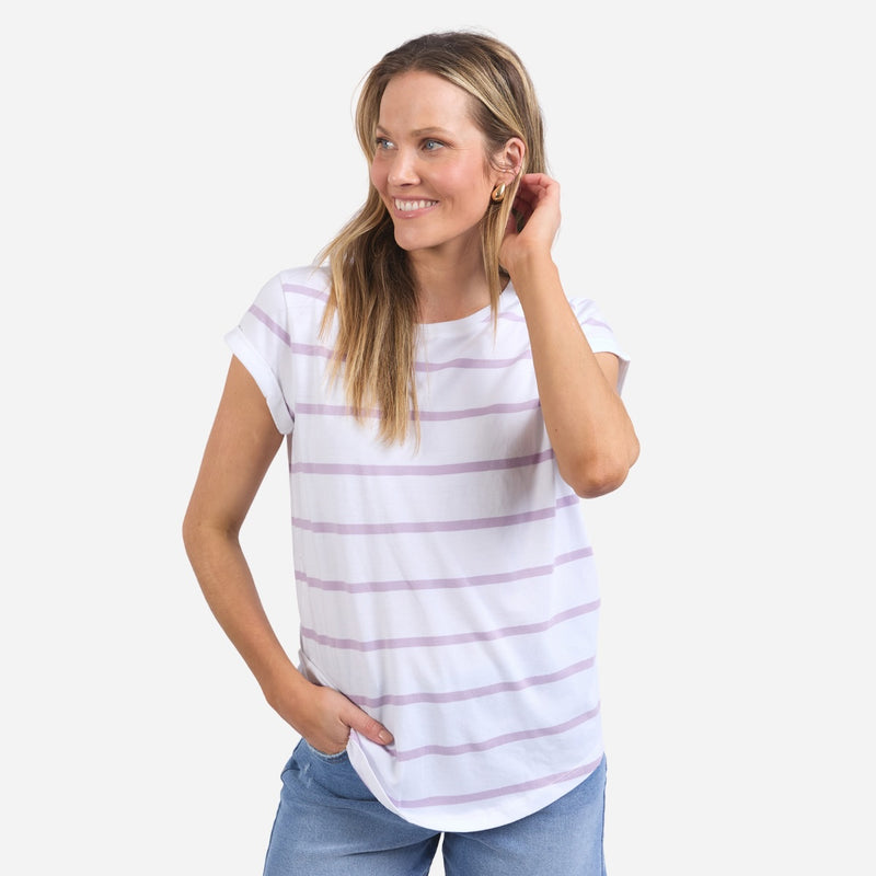 Foxwood Manly Stripe Tee with lavender and white stripes