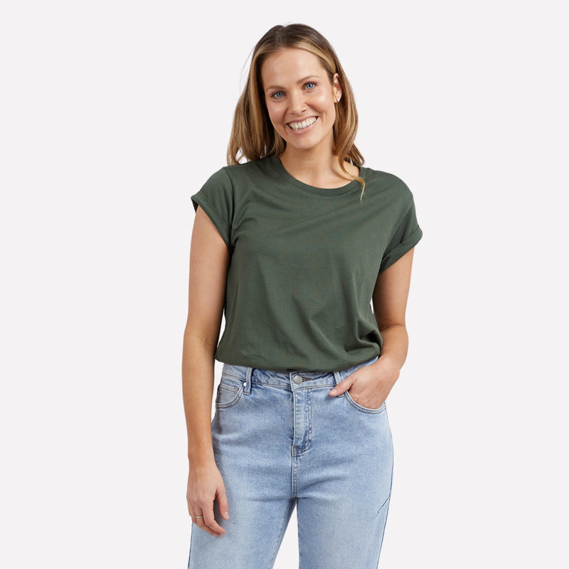 This round neck tee has short cuffed sleeves and a relaxed body