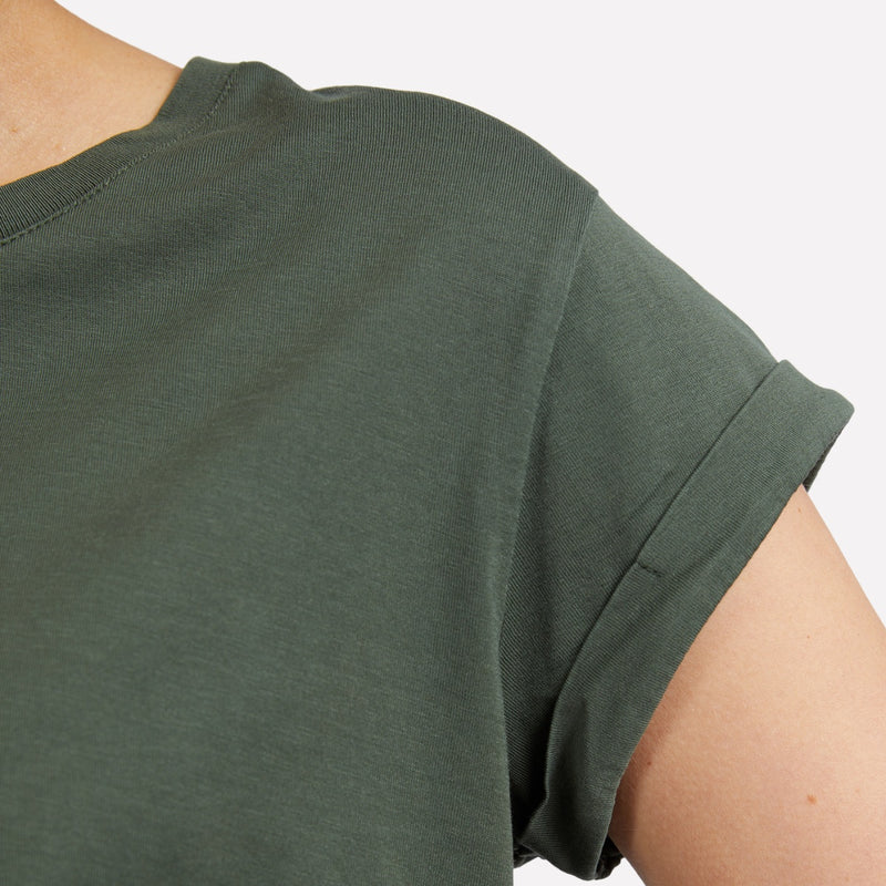 Close up of the ribbed neckline and cuffed sleeves