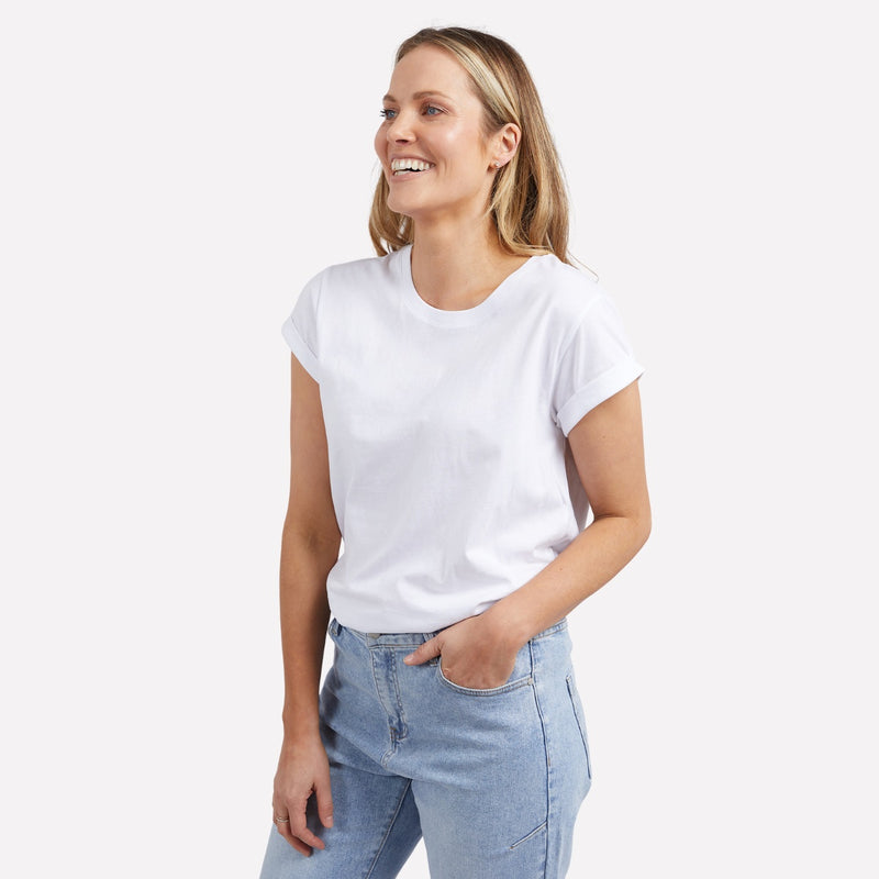 Ladies white cotton tee with a round neckline