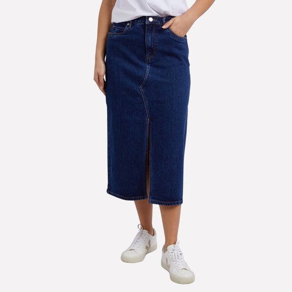 The Scout Denim Skirt is in a dark blue wash