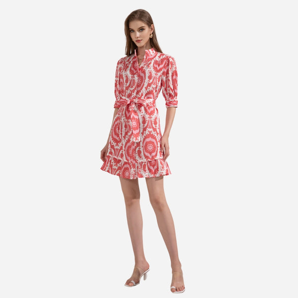 Our Abyss Dress has a bold ikat print in pink and white.