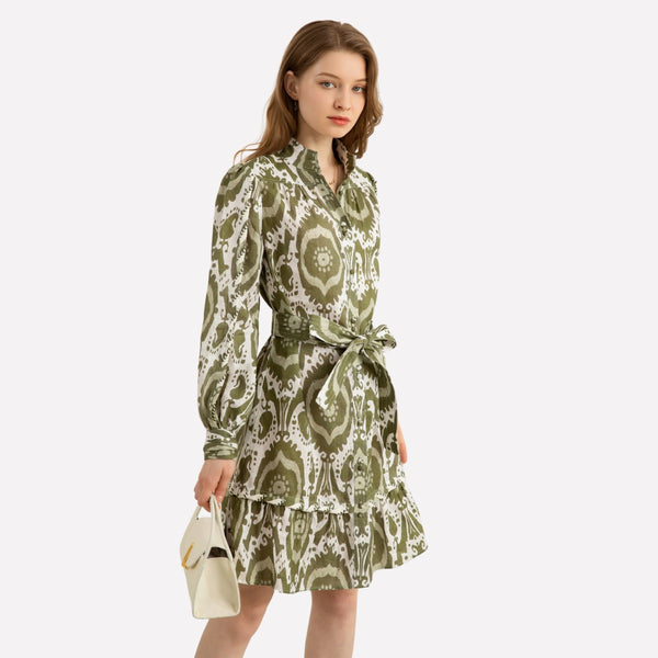 Abyss Long Sleeve Linen Dress in a bold khaki and white ikat print