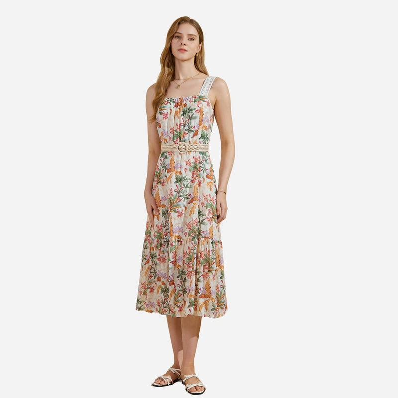 Gianni Floral Midi Dress in beautiful tones of cream, tan, green, red and lilac.