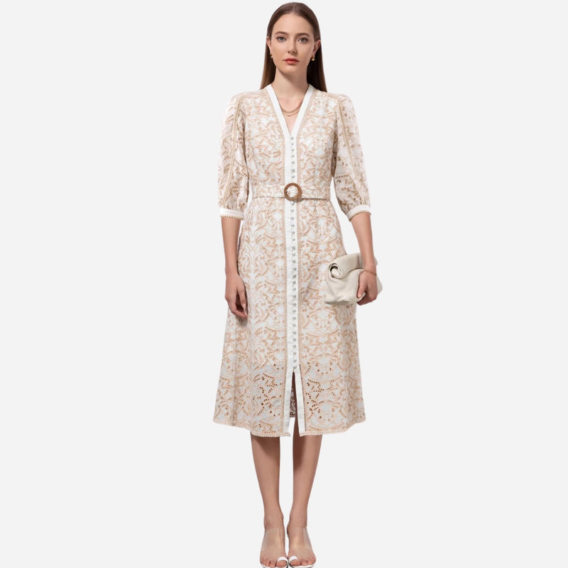 Naomi Lace Midi Dress (Beige)