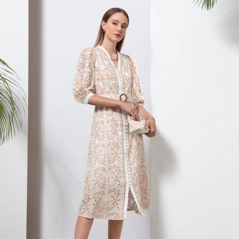 Naomi Lace Midi Dress (Beige)