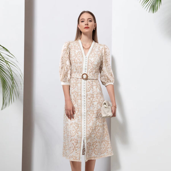 Naomi Lace Midi Dress (Beige)