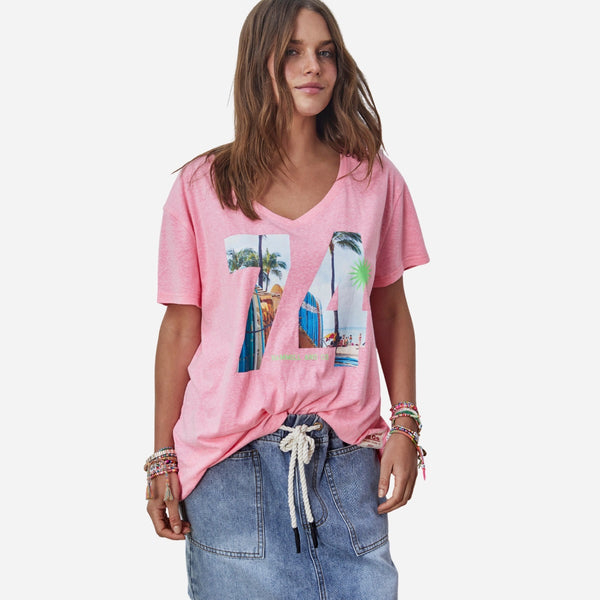 Hammill & Co Retro Palm V Tee in pink with a '74' print on the front