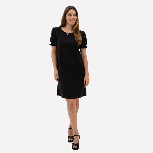 Sana Shift Dress by Humidity which has a round neckline, short puff sleeves and a shift body, finishing above the knee